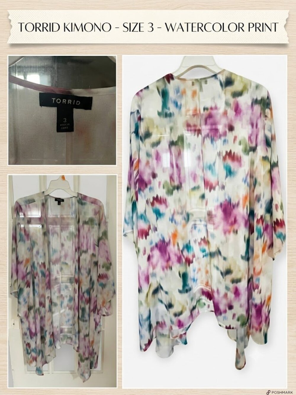 Pink Ikat Chiffon Hi-Lo Kimono Watercolor Print Dolman Sleeve Torrid Size 3